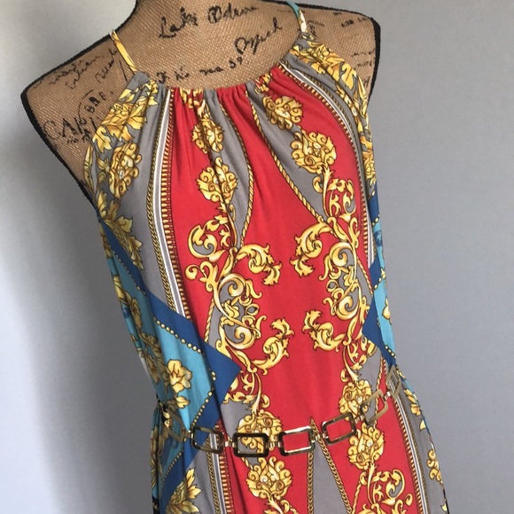 Roz & Ali Printed Maxi Dress with attached gold chain belt Sz 4 - Picture 5 of 15